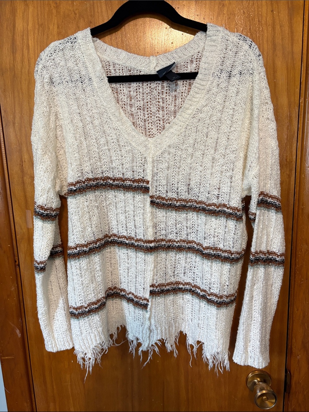 Daytrip Cream Open-Knit V-Neck Sweater with Brown Stripes - Size M - Never Worn